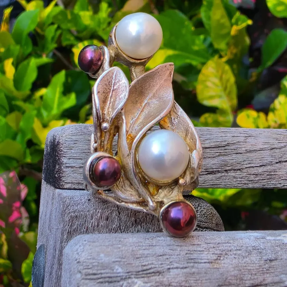 Vintage Sterling Silver Faux Pearl Botanical Statement Ring Sz 8.5